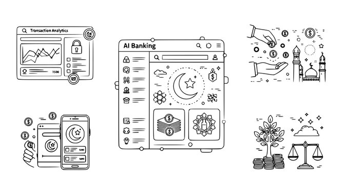 Islamic banking and financial transaction analytics interface with secure digital payment icons for modern sharia compliant fintech solutions