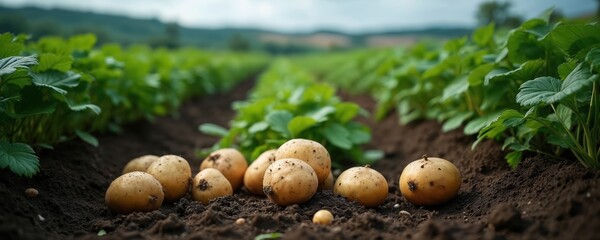 Obraz premium Fresh potatoes in dirt on farm field. Green plants rows in background. Organic harvest ready. Grown in rich soil, natural farm produce. Healthy food root crop ready for gathering.