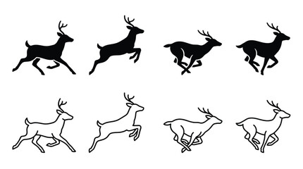 Naklejka premium Set of deer silhouettes and line art icons, running and jumping reindeer, vector illustration