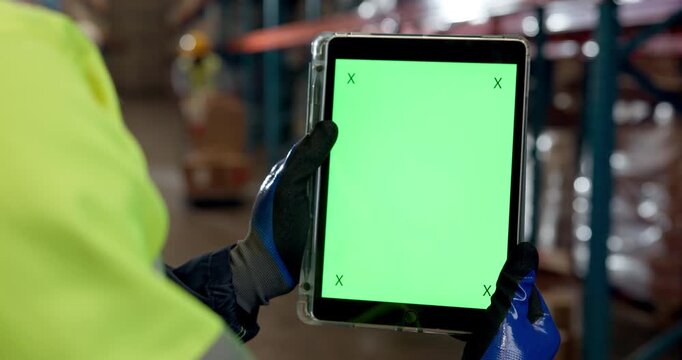 Person, hands or green screen with tablet for logistics, inventory or storage in warehouse. Closeup, employee or distributor with technology display for supply chain app, UI or UX on mockup space