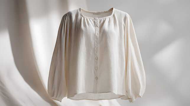 Elegant off-white blouse with long sleeves and front buttons, showcasing delicate fabric folds against a soft, sunlit backdrop with subtle shadows