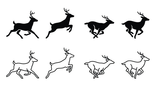 Set of deer silhouettes and line art icons, running and jumping reindeer, vector illustration