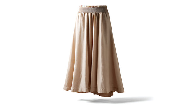 Elegant Light Beige Midi Skirt with Elastic Waistband, Perfect for Casual and Formal Wear, Apparel Isolated on White Background