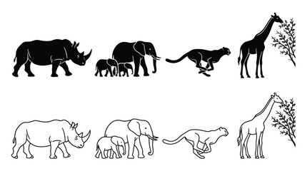 Set of african animals silhouettes and outlines, rhinoceros, elephant family, cheetah running, and giraffe eating leaves from a tree © Hikari Vector Studio