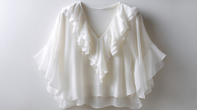 Elegant white chiffon blouse with v-neckline and delicate ruffles, perfect for fashion, apparel, and design-related projects, showcasing feminine style and soft fabric texture isolated on a light back