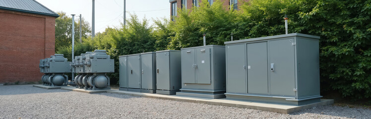 Obraz premium Outdoor electrical distribution boxes, equipment sit on gravel bed near brick building, green bushes. Grey metal cabinets house utility power infrastructure, with cables, wiring inside. Scene set on