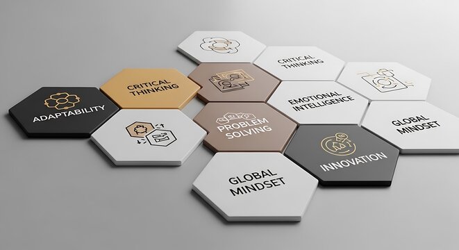 Abstract business concept with hexagonal tiles representing essential professional soft skills