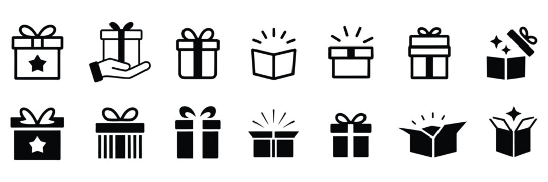Gift box icons featuring tied presents, open boxes and sparkle symbols, celebration and event concept illustration