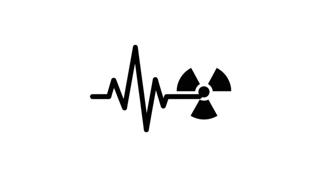 Radiation symbol connected to a heart rate monitor line, symbolizing health risks and medical monitoring.