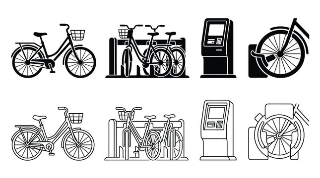 Bicycle sharing icons set vector illustration of city bike rental service, parking station, payment kiosk and wheel lock
