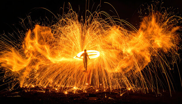 Silhouette of a performer creating a brilliant fiery explosion of sparks and flames at night, dynamic motion