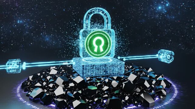 Digital lock in space with binary code representing smart infrastructure and data-driven solutions