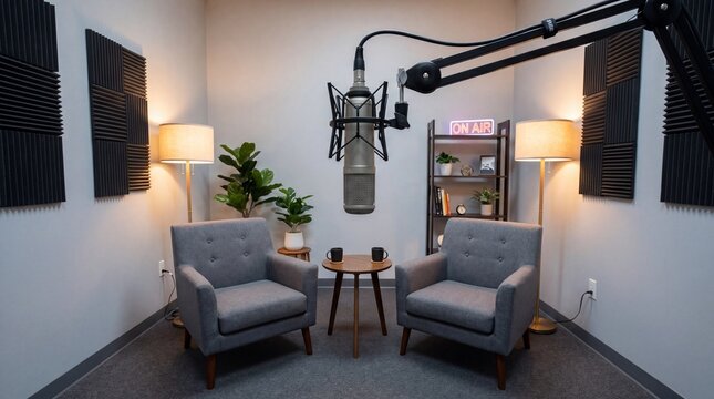 Professional recording podcast studio blogger setup featuring two armchairs, a microphone, a small table, lamps, and a minimalist design, ready for podcasting or interviews