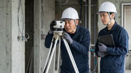 Fototapeta premium 配線工事中の建設現場で測量機器の操作を指導するベテラン現場監督のOJT