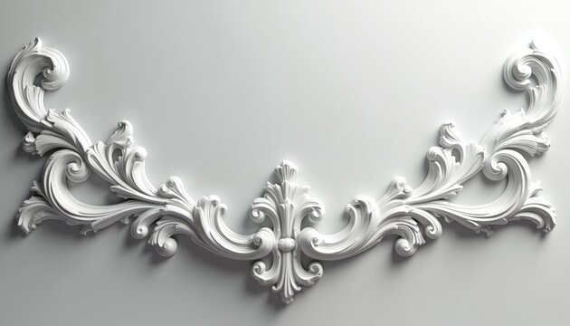 White ornate scrollwork flourishes with leaf motifs. Elegant decorative element on light grey background. Classic border design for interiors or graphic art.