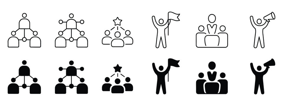Leadership icon collection with organization hierarchy, manager and chairman symbols, mentorship and charisma concepts, professional business structure vector illustration