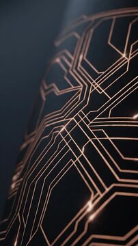 Tech vibes flow through glowing copper circuit lines creating sleek futuristic electronic technology pattern emitting modern digital energy dark