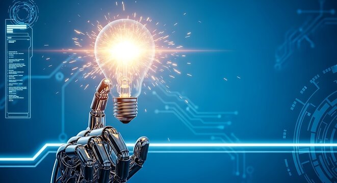 A robotic hand interacting with a sparky light bulb against a digital blue circuit background.