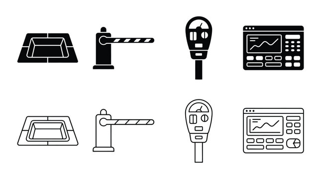 Set of parking icons, including parking lot, barrier gate, parking meter, and dashboard interface