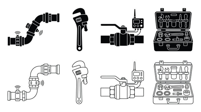Plumbing and pipe repair icons set, vector illustration collection of pipe fittings, adjustable wrench, smart valve with sensor, and professional tool kit in a case, black and white line art style