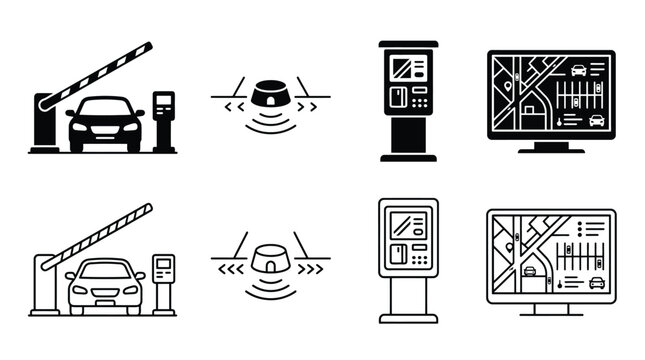 Set of parking icons, including barrier gate, vehicle sensor, payment kiosk, and parking lot map display, vector illustration