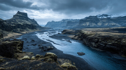Fototapeta premium realistic glacial river cutting through a black volcanic lava field, dramatic cloudy sky above distant mountains, cinematic Iceland landscape photography, ultra detailed textures.