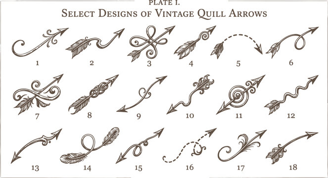 Vintage quill arrows collection, set of 18 hand-drawn decorative arrow vectors, antique ink sketch pointers for wedding invitations and branding