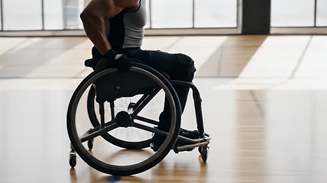 Athlete in wheelchair on basketball court preparing for game.