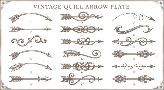 Vintage quill arrow plate with 18 decorative elements, antique hand drawn arrow set, rustic ornamental flourishes for wedding invitations and branding