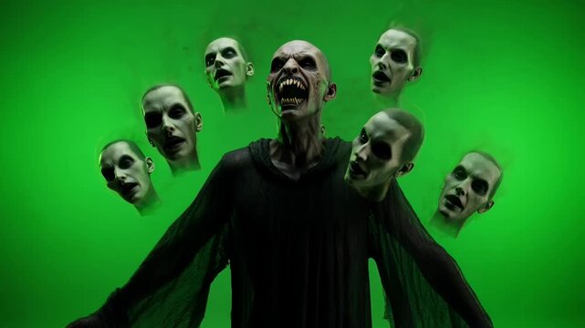 CGI Fantasy Horror Character with Floating Spectral Heads Against Green Screen