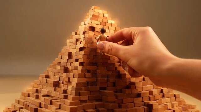 A hand moving a small mannequin up a wooden pyramid block structure