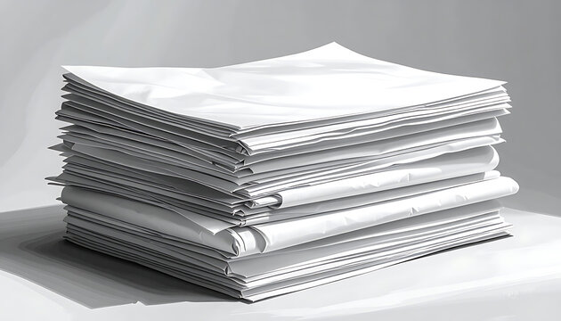Stack of white paper documents or reports on a light gray surface, office supplies, document management concept