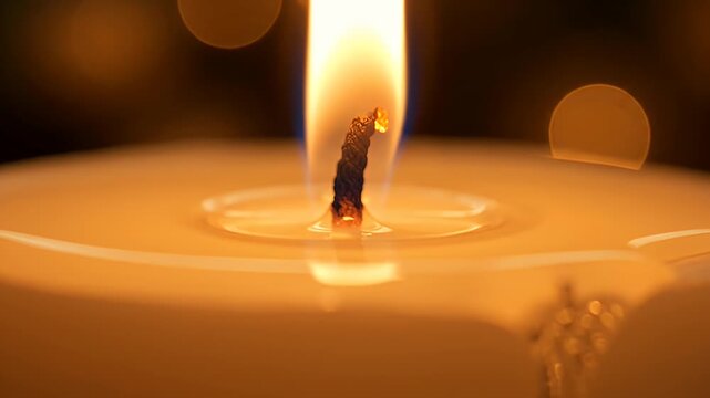 Close-up Macro Shot of a Burning Candle Flame with Soft Bokeh Background.