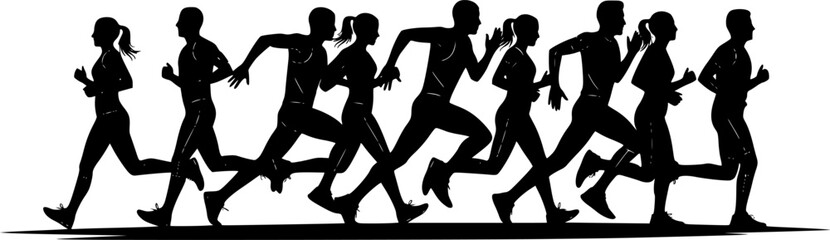Fototapeta premium Running People and Joggers Silhouette Vector. Marathon Athletes Sprinting, Fitness Runners, and Active Workout Characters on White Background.