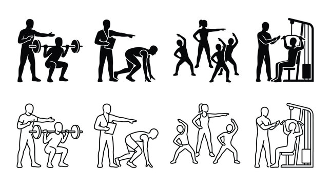 Set of icons representing personal fitness trainer and athletes exercising, including barbell squats, track start position, aerobics class, and lat pulldown machine