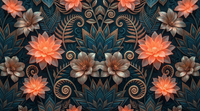 Ornate floral pattern with coral dahlia flowers and blue lotus blooms on dark teal background