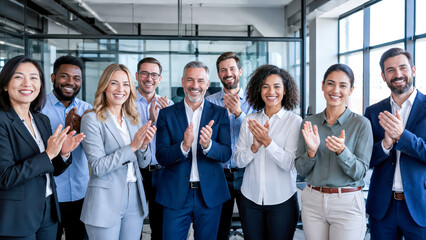 Fototapeta premium Successful Business Team Applauding: A diverse group of smiling business professionals in a modern office setting applaud enthusiastically, conveying a sense of achievement and teamwork.