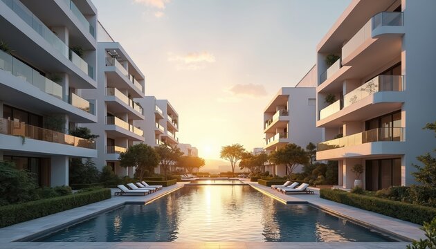Modern apartment buildings with pool and lounge chairs at sunrise. White facades, minimalist balconies, green landscaping. Luxury residential complex.