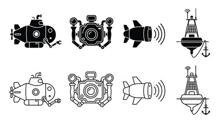 Set of marine research equipment icons, including underwater submarine, camera, sonar, and buoy © Hikari Vector Studio