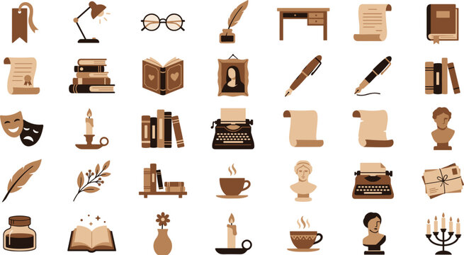 Vintage literature and dark academia vector icon set featuring old books quill inkwell typewriter classical statues candles and library study elements