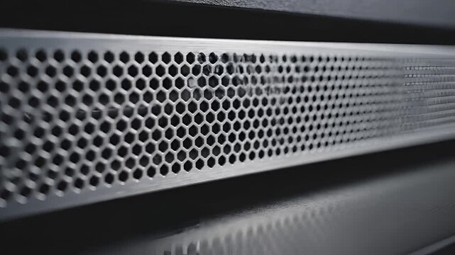 Closeup of a perforated metal surface with hexagonal patterns.