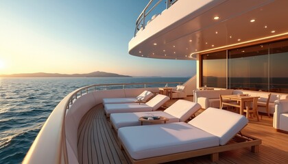 Fototapeta premium Luxury yacht deck with sun loungers and seating by the ocean at sunset. Guests relax on a grand cruiser, enjoying calm sea waters and horizon views from a comfortable, elegant outdoor area.