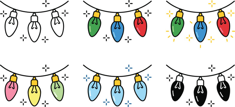 Cute hand drawn Christmas string lights icon vector element collection set with colorful festive glowing fairy lamps isolated on white background