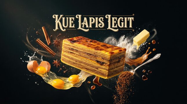 Delicious Kue Lapis Legit Cake with Cinnamon and Eggs on Dark Background.