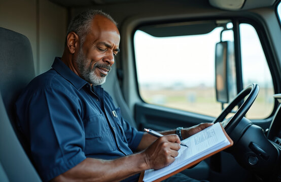Mature African American man sits in truck cabin filling logbook. Trucker writes with pen on clipboard near steering wheel. Transport job, driver paperwork, compliance check, road log details.