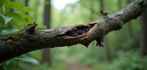Fototapeta premium Broken tree branch in forest. Wood cracked open showing dark interior. Moss covers rough bark on limb. Green leaves surround fallen natural wood.