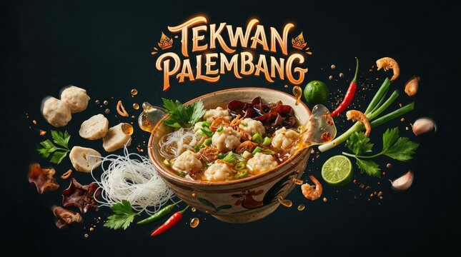 Delicious Indonesian Tekwan Palembang Soup with Fresh Ingredients and Garnishes.