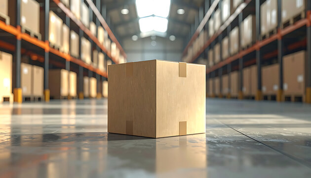 Single cardboard box on warehouse floor, surrounded by tall shelves of stacked goods, logistic and storage concept