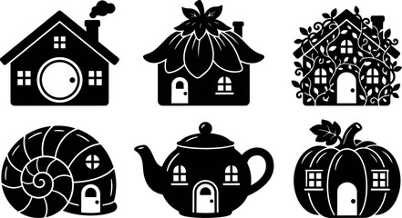 Naklejka premium Six fantasy houses including shell flower and pumpkin shapes