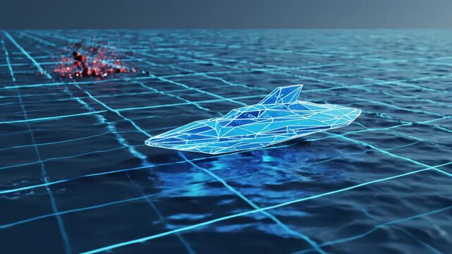Futuristic digital ship on grid surface ideal for creative backgrounds and modern web design